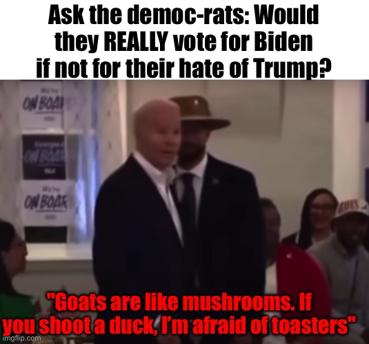 They just hate Trump | Ask the democ-rats: Would they REALLY vote for Biden if not for their hate of Trump? "Goats are like mushrooms. If you shoot a duck, I’m afraid of toasters" | image tagged in biden farts | made w/ Imgflip meme maker