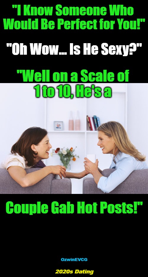 2020s Dating | "I Know Someone Who 

Would Be Perfect for You!"; "Oh Wow... Is He Sexy?"; "Well on a Scale of 

1 to 10, He's a; Couple Gab Hot Posts!"; OzwinEVCG; 2020s Dating | image tagged in women talking,love in the time of,clown world,political humor,social commentary,dating | made w/ Imgflip meme maker