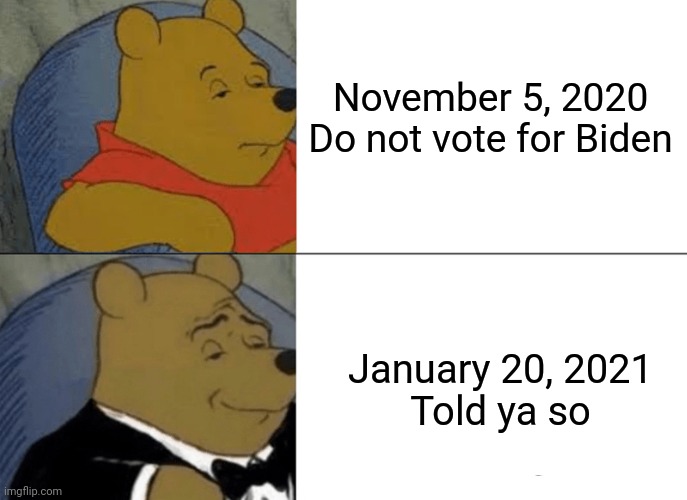 Tuxedo Winnie The Pooh Meme | November 5, 2020
Do not vote for Biden January 20, 2021
Told ya so | image tagged in memes,tuxedo winnie the pooh | made w/ Imgflip meme maker