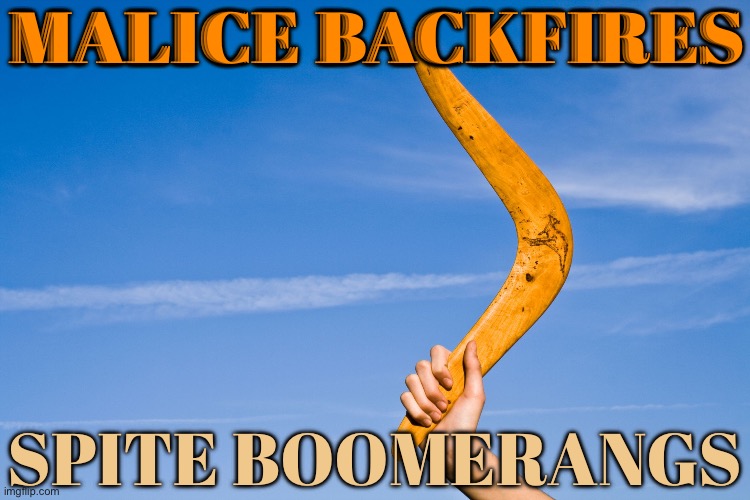 Malice Backfires; Spite Boomerangs | MALICE BACKFIRES; SPITE BOOMERANGS | image tagged in boomerang,australia,philosophy,religion,bible verse,bible verse of the day | made w/ Imgflip meme maker