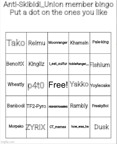 Anti-Skibidi_Union member bingo Blank Meme Template