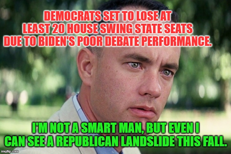 And Just Like That | DEMOCRATS SET TO LOSE AT LEAST 20 HOUSE SWING STATE SEATS DUE TO BIDEN'S POOR DEBATE PERFORMANCE. I'M NOT A SMART MAN, BUT EVEN I CAN SEE A REPUBLICAN LANDSLIDE THIS FALL. | image tagged in memes,and just like that | made w/ Imgflip meme maker