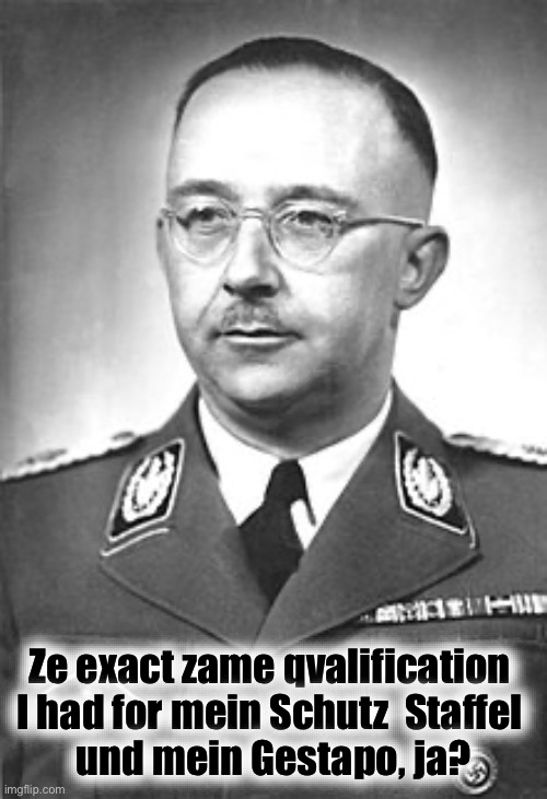 himmler  | Ze exact zame qvalification 
I had for mein Schutz  Staffel 
und mein Gestapo, ja? | image tagged in himmler | made w/ Imgflip meme maker