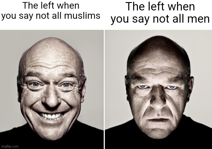 Some people are too obtuse to realize not demonizing people and not making gross generalizations should apply to all people | The left when you say not all muslims; The left when you say not all men | image tagged in dean norris's reaction,liberal hypocrisy,liberal logic,misandery,feminists,prejudice | made w/ Imgflip meme maker