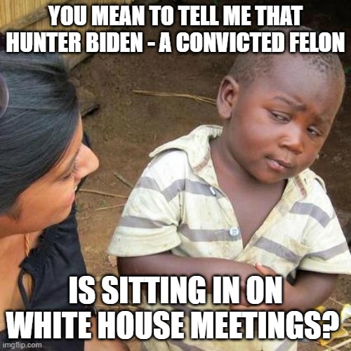 Third World Skeptical Kid Meme | YOU MEAN TO TELL ME THAT HUNTER BIDEN - A CONVICTED FELON; IS SITTING IN ON WHITE HOUSE MEETINGS? | image tagged in memes,third world skeptical kid | made w/ Imgflip meme maker