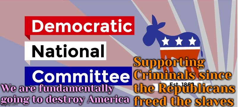 The Party of Hallucinations and other Made Up Crap | Supporting Criminals since the Republicans freed the slaves; We are fundamentally going to destroy America | image tagged in dnc | made w/ Imgflip meme maker