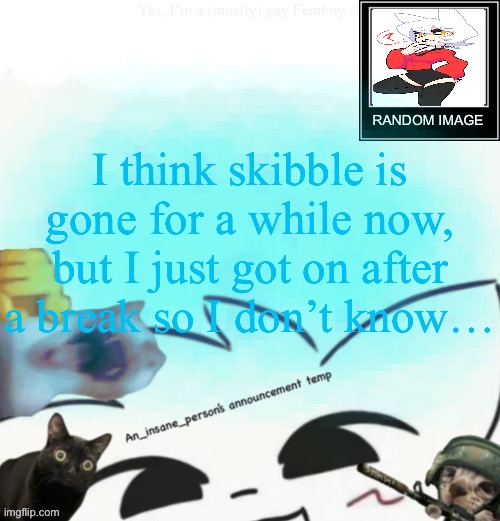 My lil announcement | I think skibble is gone for a while now, but I just got on after a break so I don’t know… | image tagged in my lil announcement | made w/ Imgflip meme maker
