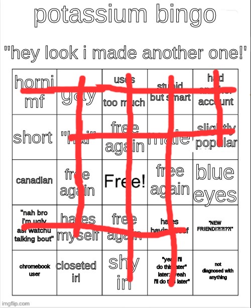 Since dots don’t look too good just have a bunch of lines. (Not all of them are full bingos) | image tagged in potassium bingo v2 | made w/ Imgflip meme maker