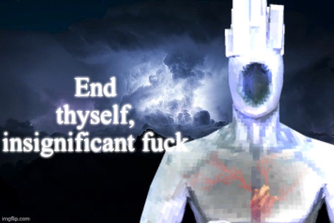 Low Tier Minos Prime | End thyself, insignificant fuck | image tagged in low tier minos prime | made w/ Imgflip meme maker