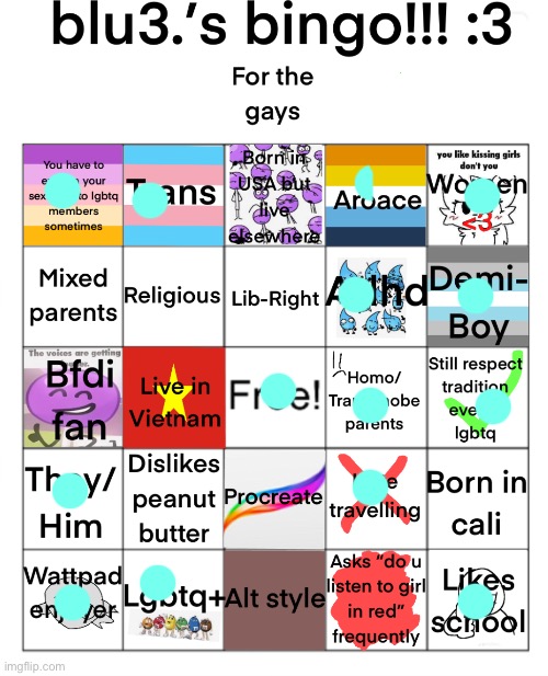 I did a half dot for aroace because technically I’m on the aroace spectrum | image tagged in blu3 s bingo 3 | made w/ Imgflip meme maker