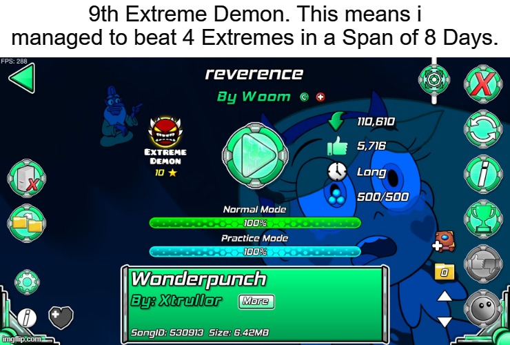 First Bloodlust, Then niwa, Then Precipitance, Now reverence. | 9th Extreme Demon. This means i managed to beat 4 Extremes in a Span of 8 Days. | image tagged in geometry dash,achievement | made w/ Imgflip meme maker