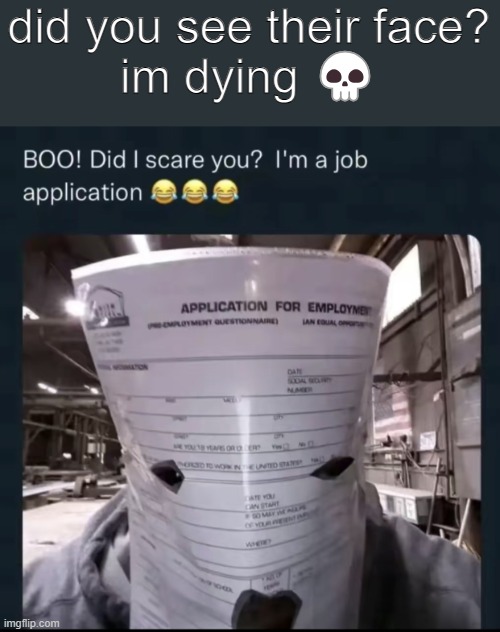 Did I scare you? I'm a job application | did you see their face?
im dying 💀 | image tagged in did i scare you i'm a job application | made w/ Imgflip meme maker