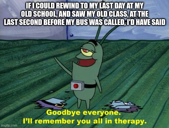 Goodbye everyone, I'll remember you all in therapy | IF I COULD REWIND TO MY LAST DAY AT MY OLD SCHOOL, AND SAW MY OLD CLASS, AT THE LAST SECOND BEFORE MY BUS WAS CALLED, I'D HAVE SAID | image tagged in goodbye everyone i'll remember you all in therapy | made w/ Imgflip meme maker