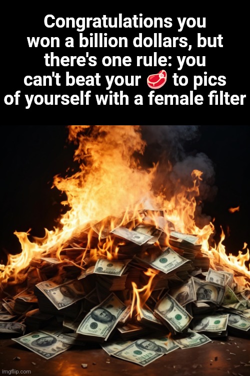 I can't take the money ? | Congratulations you won a billion dollars, but there's one rule: you can't beat your 🥩 to pics of yourself with a female filter | image tagged in pile of cash on fire,memes,funny,freaky,out of pocket,meat | made w/ Imgflip meme maker