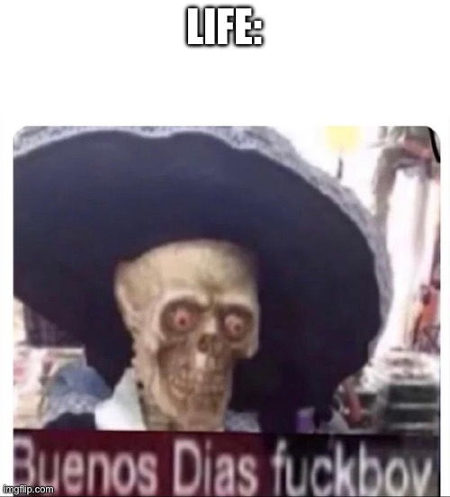 Buenos Dias Skeleton | LIFE: | image tagged in buenos dias skeleton | made w/ Imgflip meme maker