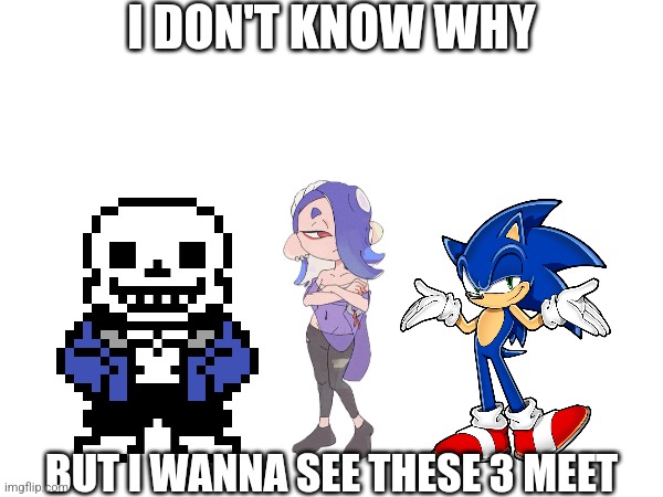 They're all: Blue, Have a name that starts with an S and is an allusion, and they're all quirky | I DON'T KNOW WHY; BUT I WANNA SEE THESE 3 MEET | made w/ Imgflip meme maker