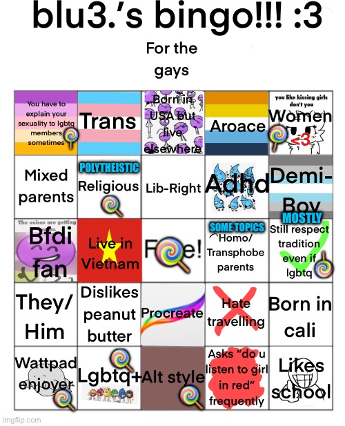blu3 bingo (no bingo) | 🍭; 🍭; POLYTHEISTIC; 🍭; MOSTLY; SOME TOPICS; 🍭; 🍭; 🍭; 🍭; 🍭 | image tagged in blu3 s bingo 3,bingo,lgbtq | made w/ Imgflip meme maker