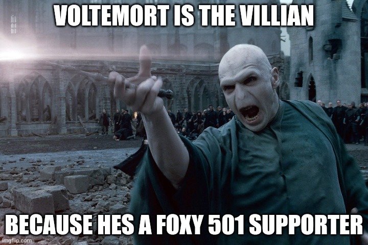 Avada Kedavra | VOLTEMORT IS THE VILLIAN; BECAUSE HES A FOXY 501 SUPPORTER | image tagged in avada kedavra | made w/ Imgflip meme maker