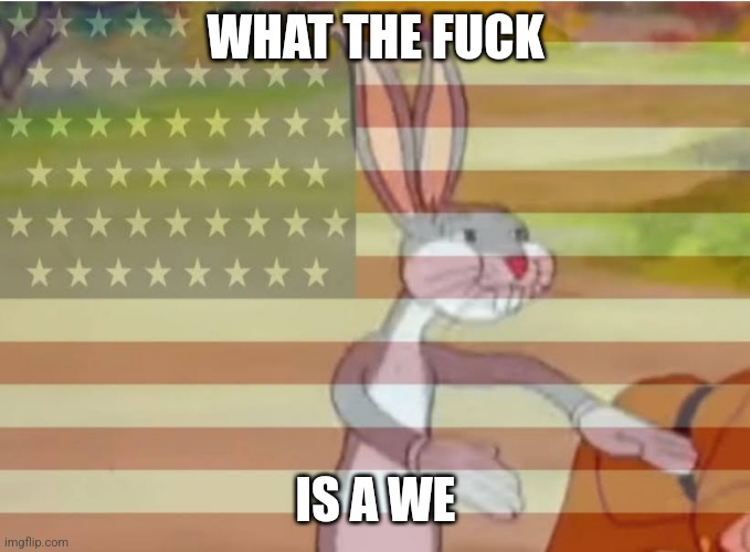 Capitalist Bugs bunny | WHAT THE FUCK IS A WE | image tagged in capitalist bugs bunny | made w/ Imgflip meme maker