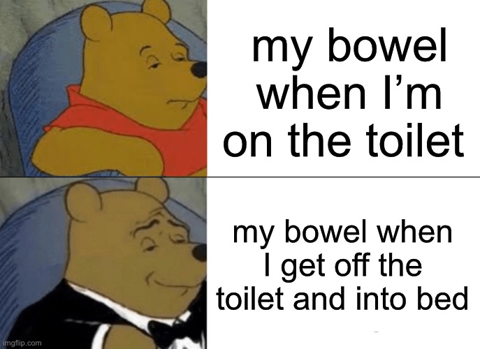 Tuxedo Winnie The Pooh | my bowel when I’m on the toilet; my bowel when I get off the toilet and into bed | image tagged in memes,tuxedo winnie the pooh | made w/ Imgflip meme maker