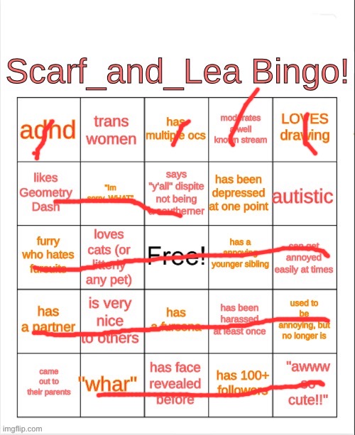 Scarf_and_Lea Bingo | image tagged in scarf_and_lea bingo | made w/ Imgflip meme maker