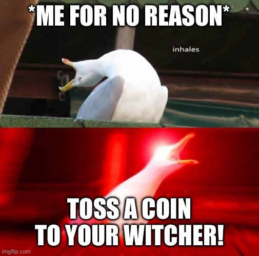 Inhaling Seagull  | *ME FOR NO REASON*; TOSS A COIN TO YOUR WITCHER! | image tagged in inhaling seagull | made w/ Imgflip meme maker