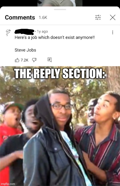 THE REPLY SECTION: | image tagged in black boy roast | made w/ Imgflip meme maker