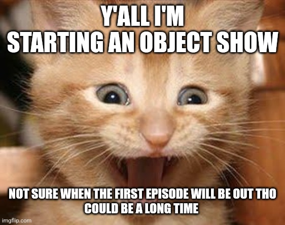 Excited Cat Meme | Y'ALL I'M STARTING AN OBJECT SHOW; NOT SURE WHEN THE FIRST EPISODE WILL BE OUT THO
COULD BE A LONG TIME | image tagged in memes,excited cat | made w/ Imgflip meme maker
