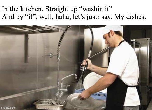 Please tell me you guys have seen the “Jorkin it” meme | In the kitchen. Straight up “washin it”. And by “it”, well, haha, let’s justr say. My dishes. | image tagged in dish washer,memes,funny | made w/ Imgflip meme maker