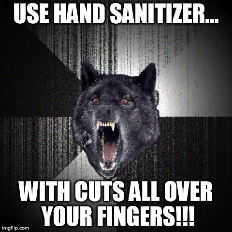 There aren't many things that are more painful. | USE HAND SANITIZER... WITH CUTS ALL OVER YOUR FINGERS!!! | image tagged in memes,insanity wolf | made w/ Imgflip meme maker