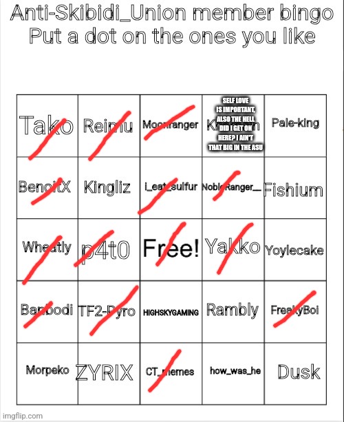 Half of these users I can't say I know them | SELF LOVE IS IMPORTANT, ALSO THE HELL DID I GET ON HERE? I AIN'T THAT BIG IN THE ASU | image tagged in anti-skibidi_union member bingo | made w/ Imgflip meme maker