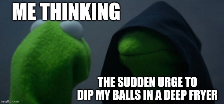 Evil Kermit | ME THINKING; THE SUDDEN URGE TO DIP MY BALLS IN A DEEP FRYER | image tagged in memes,evil kermit | made w/ Imgflip meme maker