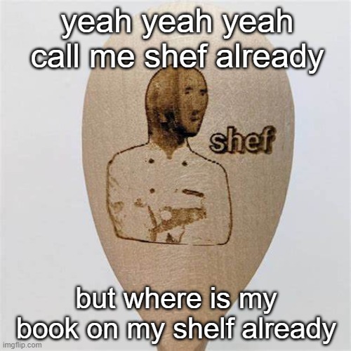 shef is good | yeah yeah yeah call me shef already; but where is my book on my shelf already | image tagged in shef,meme,fun | made w/ Imgflip meme maker