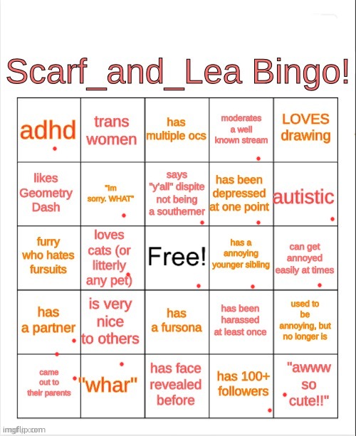 Scarf_and_Lea Bingo | image tagged in scarf_and_lea bingo | made w/ Imgflip meme maker