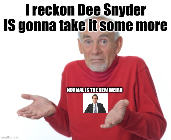 Guess I'll die  | I reckon Dee Snyder IS gonna take it some more NORMAL IS THE NEW WEIRD | image tagged in guess i'll die | made w/ Imgflip meme maker