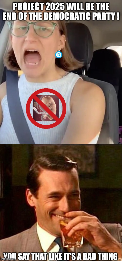 PROJECT 2025 WILL BE THE END OF THE DEMOCRATIC PARTY ! YOU SAY THAT LIKE IT'S A BAD THING | image tagged in unhinged liberal lunatic idiot woman meltdown screaming in car,man laughing scotch glass | made w/ Imgflip meme maker