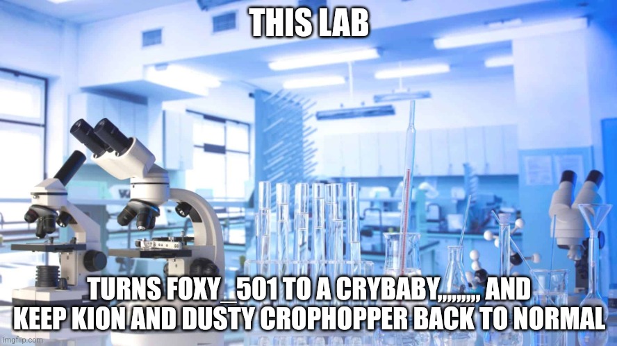 Thats it foxy 501 my friends love dusty crophopper and kion! Lets lab in to turn foxy 501 to a crybaby because foxy 501 offical  | THIS LAB; TURNS FOXY_501 TO A CRYBABY,,,,,,,,, AND KEEP KION AND DUSTY CROPHOPPER BACK TO NORMAL | image tagged in laboratory | made w/ Imgflip meme maker