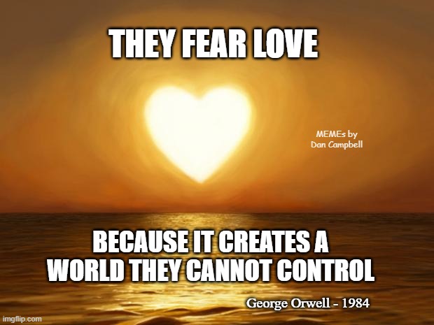Love | THEY FEAR LOVE; MEMEs by Dan Campbell; BECAUSE IT CREATES A WORLD THEY CANNOT CONTROL; George Orwell - 1984 | image tagged in love | made w/ Imgflip meme maker
