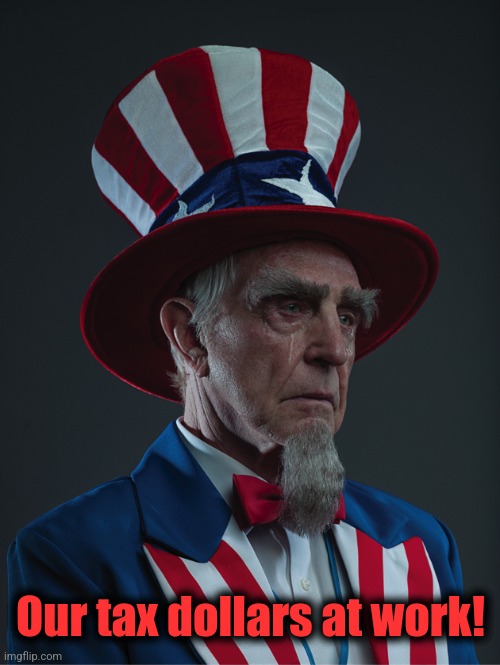 Uncle Sam Crying | Our tax dollars at work! | image tagged in uncle sam crying | made w/ Imgflip meme maker