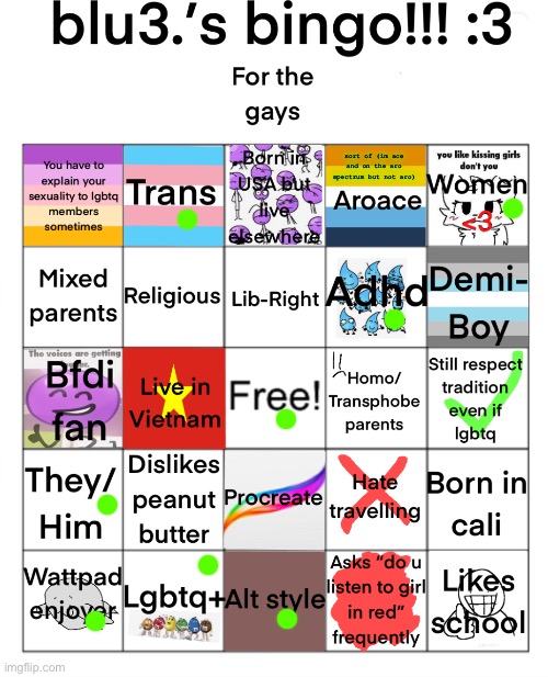 Sillyyyyyy | sort of (im ace and on the aro spectrum but not aro) | image tagged in blu3 s bingo 3 | made w/ Imgflip meme maker