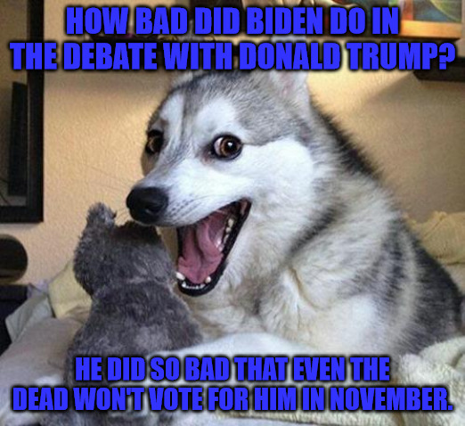 No Dead Voters | HOW BAD DID BIDEN DO IN THE DEBATE WITH DONALD TRUMP? HE DID SO BAD THAT EVEN THE DEAD WON'T VOTE FOR HIM IN NOVEMBER. | image tagged in pun dog punchline | made w/ Imgflip meme maker