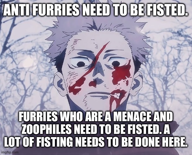 Yuji Itadori | ANTI FURRIES NEED TO BE FISTED. FURRIES WHO ARE A MENACE AND ZOOPHILES NEED TO BE FISTED. A LOT OF FISTING NEEDS TO BE DONE HERE. | image tagged in yuji itadori | made w/ Imgflip meme maker