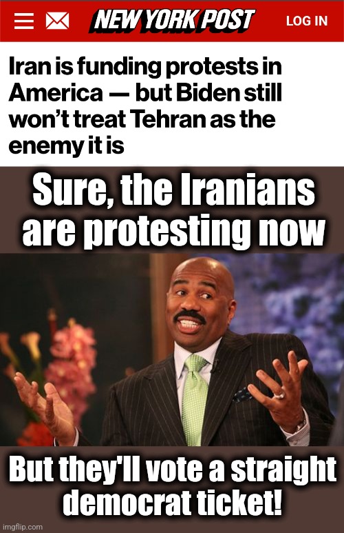 Joe Biden secured the "Death to America" voters months ago! | Sure, the Iranians are protesting now; But they'll vote a straight
democrat ticket! | image tagged in memes,steve harvey,iranians,joe biden,protesters,death to america | made w/ Imgflip meme maker