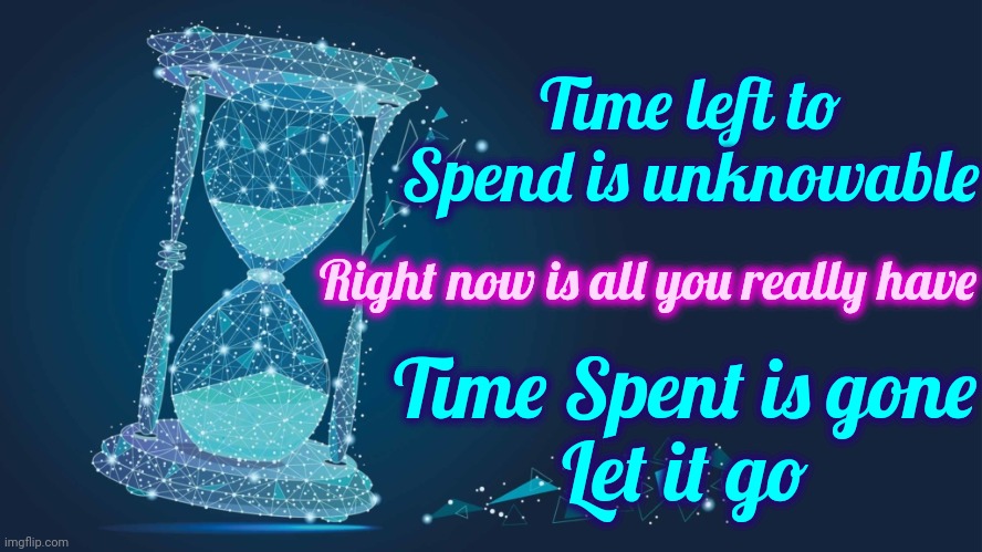 You Begin Running Out Of "Time" The Second You Are Born.  It Only SEEMS Like You've Got All The Time In The World.   You Don't. | Time left to Spend is unknowable; Right now is all you really have; Time Spent is gone
Let it go | image tagged in time crystals hourglass,time,life lessons,make a decision,don't worry be happy,memes | made w/ Imgflip meme maker