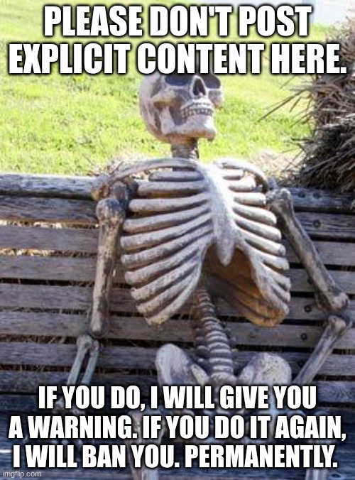 I'd had problems with this here before. | PLEASE DON'T POST EXPLICIT CONTENT HERE. IF YOU DO, I WILL GIVE YOU A WARNING. IF YOU DO IT AGAIN, I WILL BAN YOU. PERMANENTLY. | image tagged in memes,waiting skeleton | made w/ Imgflip meme maker
