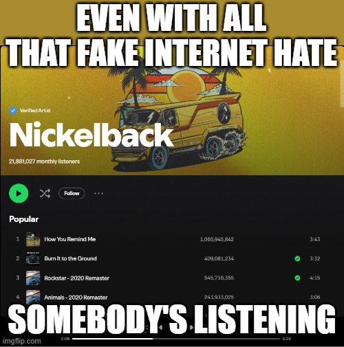 Here's your Nickelback | EVEN WITH ALL THAT FAKE INTERNET HATE; SOMEBODY'S LISTENING | image tagged in spotify,nickelback,nickleback | made w/ Imgflip meme maker