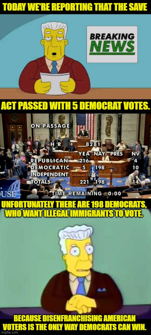 Because Disenfranchising American Voters Is The Only Way Democrats Can Win | TODAY WE'RE REPORTING THAT THE SAVE; ACT PASSED WITH 5 DEMOCRAT VOTES. UNFORTUNATELY THERE ARE 198 DEMOCRATS, WHO WANT ILLEGAL IMMIGRANTS TO VOTE. BECAUSE DISENFRANCHISING AMERICAN VOTERS IS THE ONLY WAY DEMOCRATS CAN WIN. | image tagged in memes,democrats,want,illegal immigrants,votes,save act | made w/ Imgflip meme maker