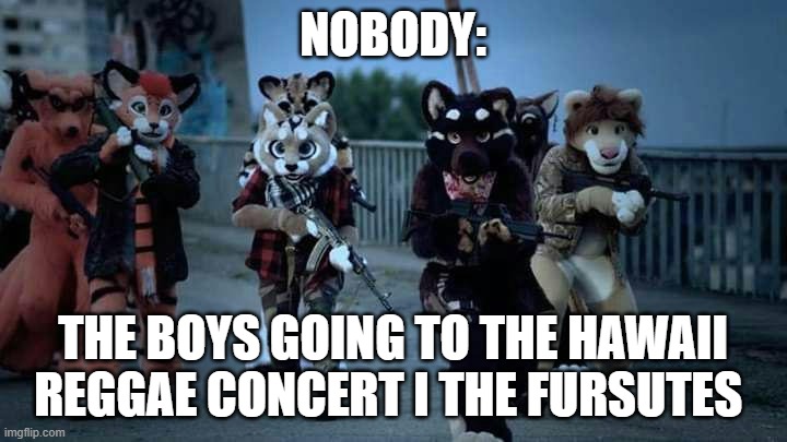 Furry Army | NOBODY:; THE BOYS GOING TO THE HAWAII REGGAE CONCERT I THE FURSUTES | image tagged in furry army | made w/ Imgflip meme maker