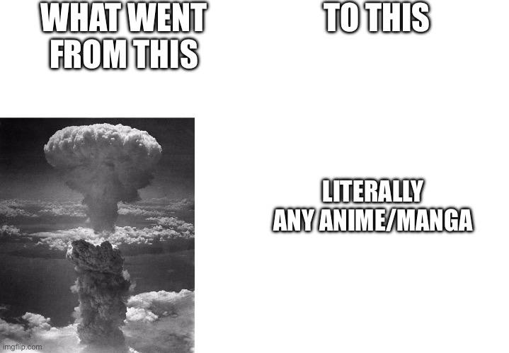 WHAT WENT FROM THIS; TO THIS; LITERALLY ANY ANIME/MANGA | image tagged in hiroshima,blank white template | made w/ Imgflip meme maker