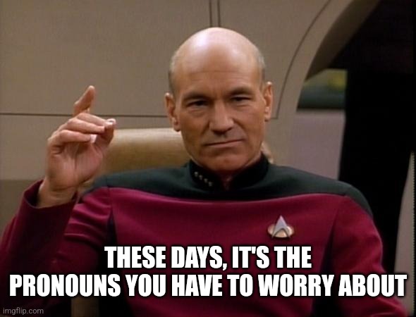 Picard Make it so | THESE DAYS, IT'S THE PRONOUNS YOU HAVE TO WORRY ABOUT | image tagged in picard make it so | made w/ Imgflip meme maker